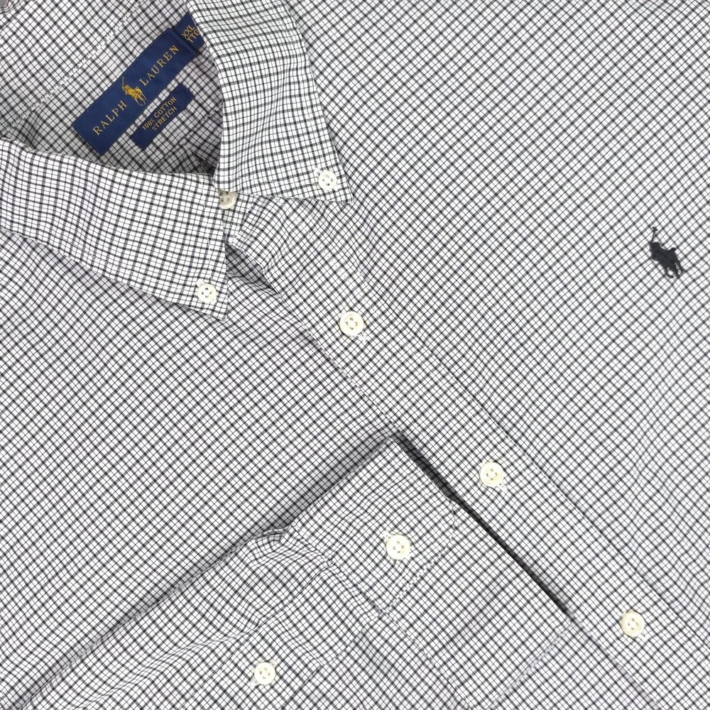 Ralph Lauren Shirt Mens 2XL White Check Cotton Stretch Long Sleeve Button Down
